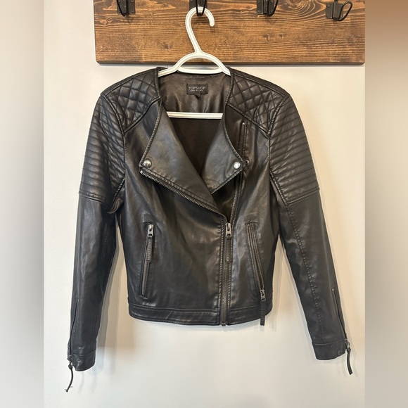 Topshop Women's Black Leather Biker Jacket size Small - Picture 1 of 10